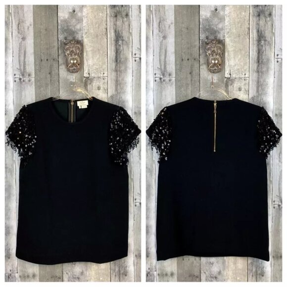 Kate Spade New York Sequin Fringe Short Sleeve Crepe Black Top size 4 - Picture 4 of 4